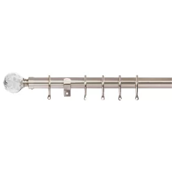 Satin Steel Fixed Curtain Pole With Crystal Finial 3m