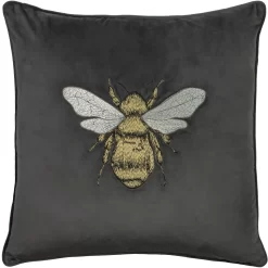 Bee Embroidered Velvet Cushion - Charcoal