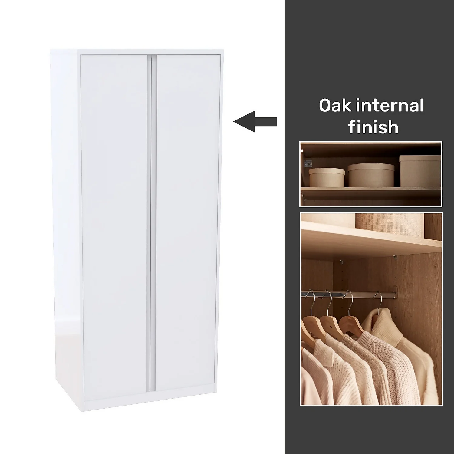 House Beautiful Escape Fitted Look Double Wardrobe, Oak Effect Carcass - Gloss White Handleless Doors (W) 940mm X (H) 2226mm 3 House Beautiful Escape Fitted Look Double Wardrobe, Oak Effect Carcass - Gloss White Handleless Doors (W) 940mm X (H) 2226mm