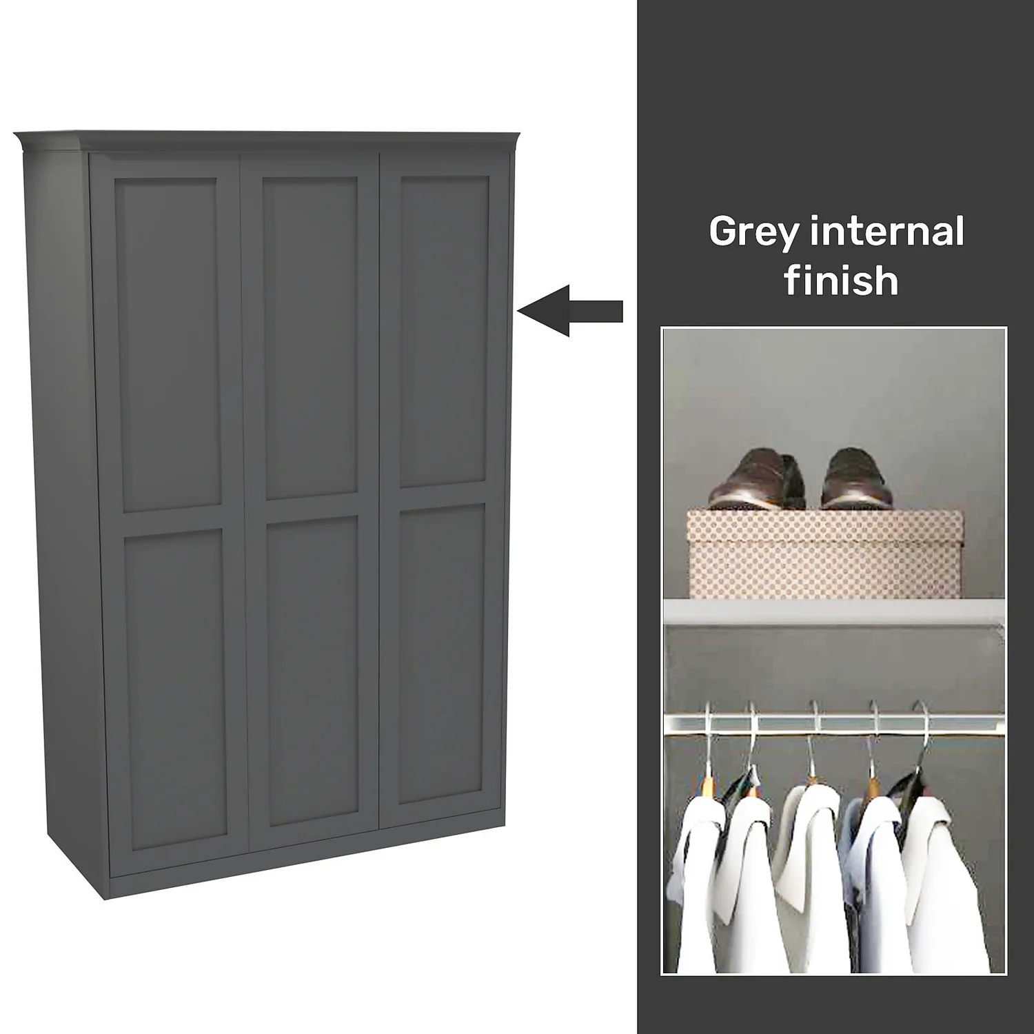 House Beautiful Realm Fitted Look Triple Wardrobe, Grey Carcass - Carbon Grey Shaker Doors (W) 1451mm X (H) 2256mm 3 House Beautiful Realm Fitted Look Triple Wardrobe, Grey Carcass - Carbon Grey Shaker Doors (W) 1451mm X (H) 2256mm